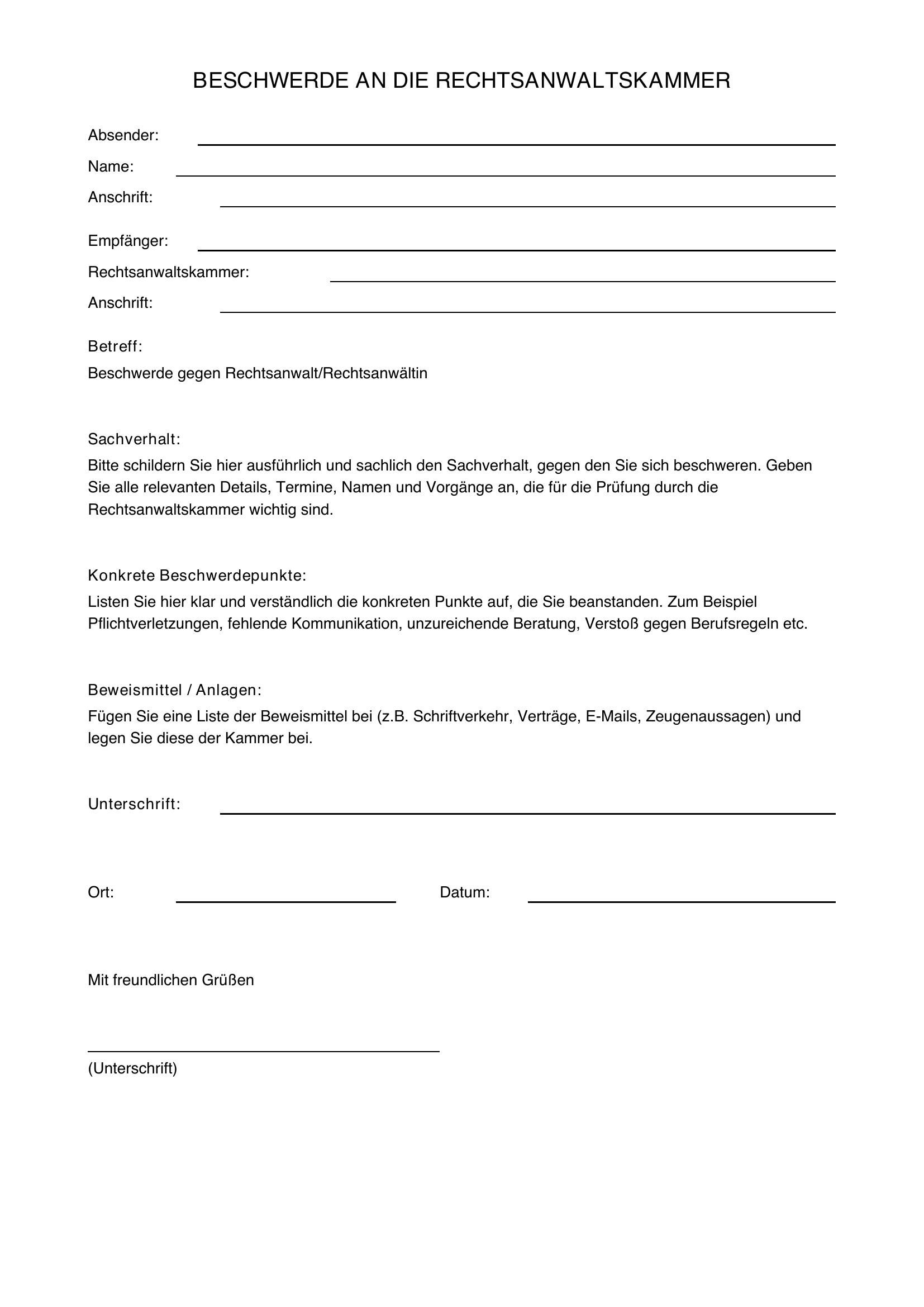 Beschwerde Rechtsanwaltskammer Muster