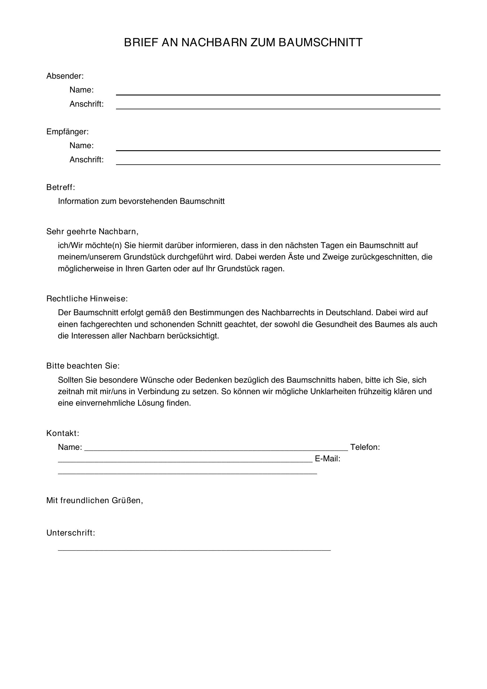 Brief An Nachbarn Vorlage Baumschnitt