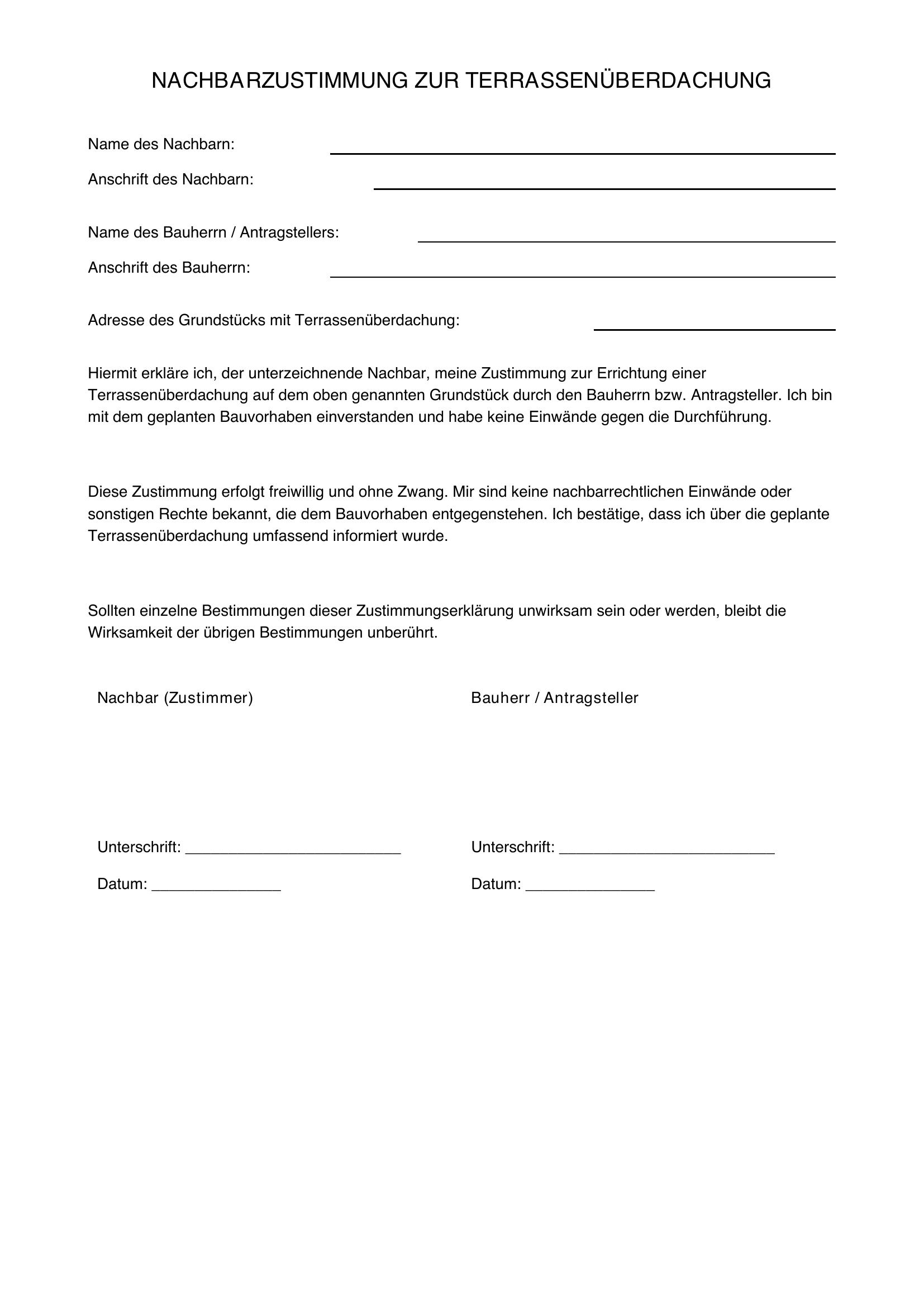 Nachbarzustimmung Terrassenüberdachung Muster