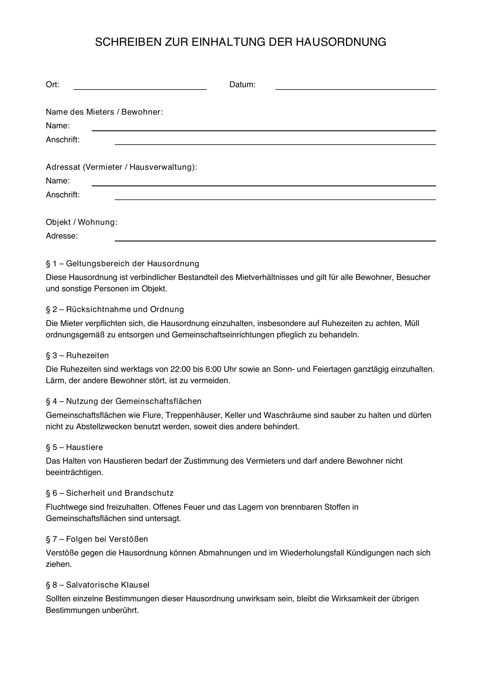 Musterschreiben Einhaltung Hausordnung