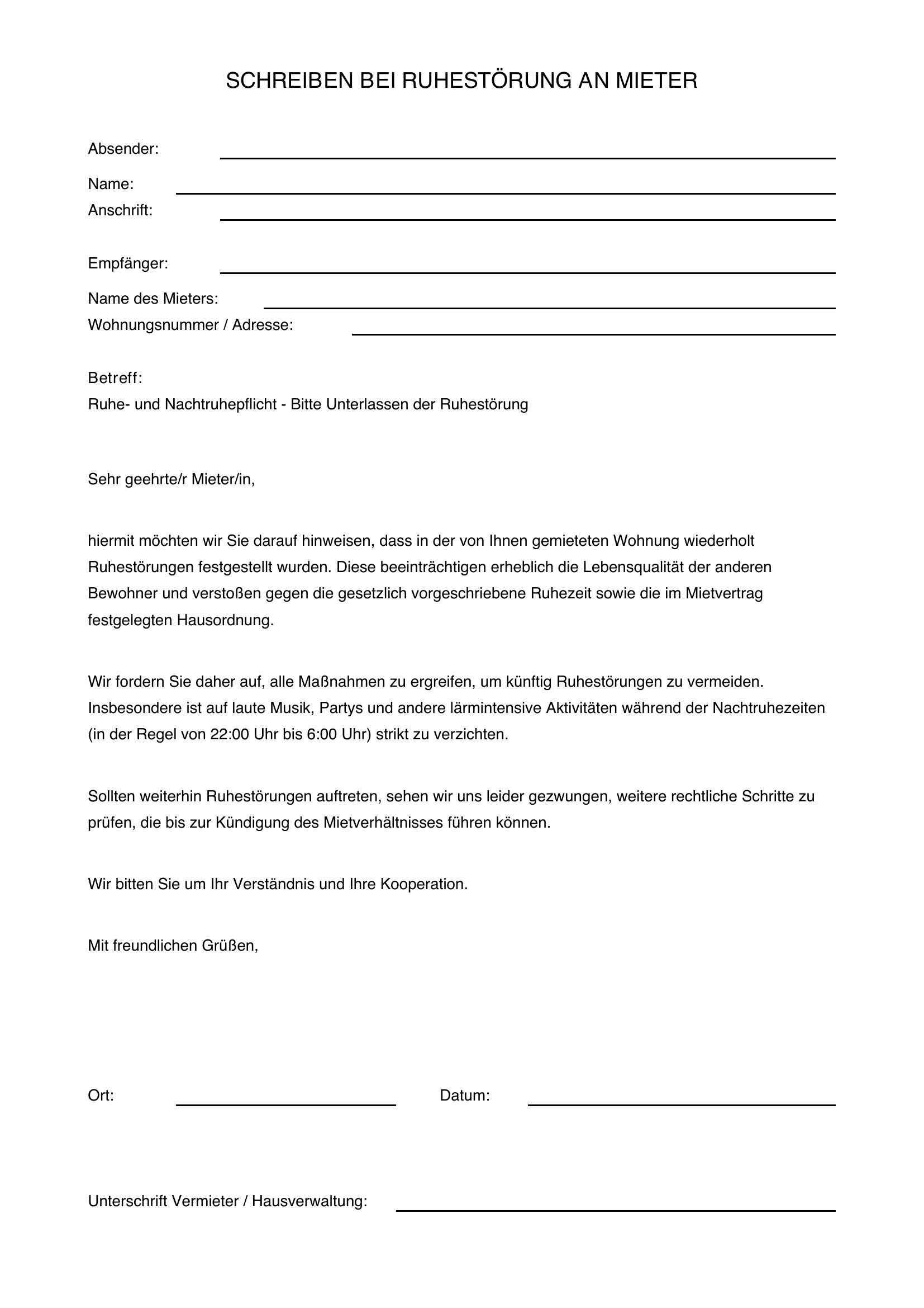 Musterschreiben Ruhestörung An Mieter
